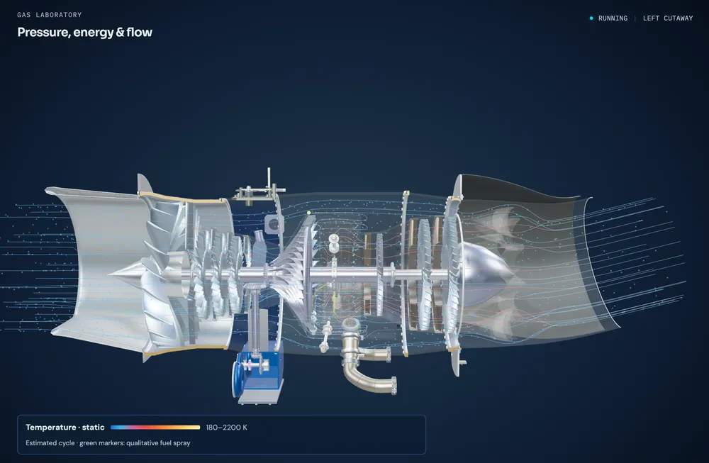 3D Engine Explorer gas laboratory showing temperature streamlines through the cutaway FJ33